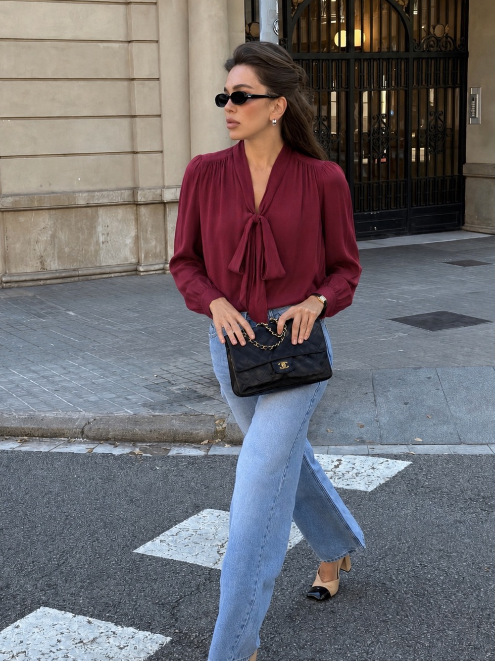 Aritzia Wilfred Rococo Blouse XS Burgundy Tie Neck Chiffon Flowy Quiet Luxury